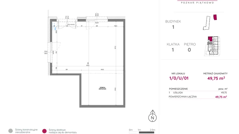 Rzut - Lokal użytkowy na sprzedaż 1 pokój o powierzchni 49,75 m² - numer 1/0/U/01 w Lechicka 65