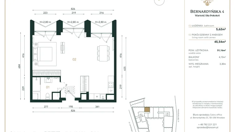 Rzut - Mieszkanie na sprzedaż 1 pokój o powierzchni 51,16 m² - numer A/5/07 w Bernardyńska 4