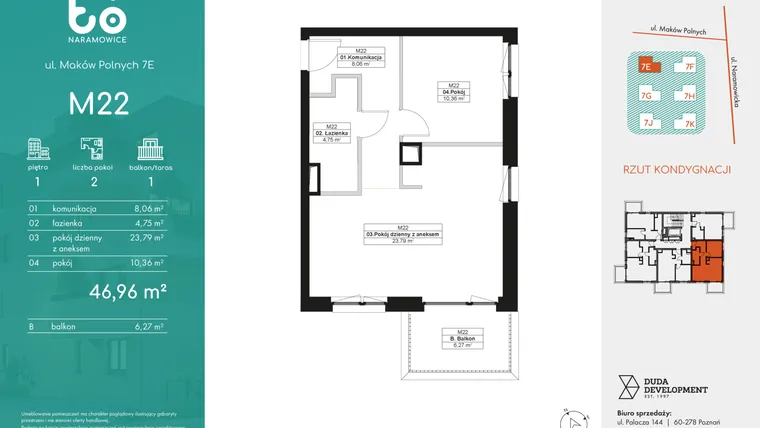 Rzut - Mieszkanie na sprzedaż 2 pokoje o powierzchni 46,96 m² - numer M22 w No To Naramowice