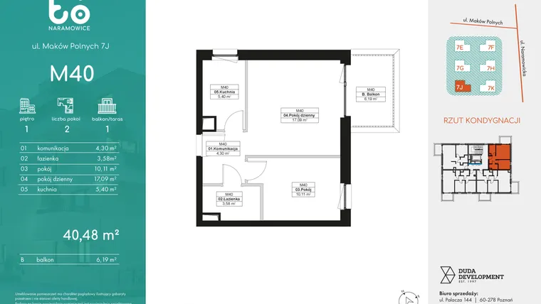 Rzut - Mieszkanie na sprzedaż 2 pokoje o powierzchni 40,48 m² - numer M40 w No To Naramowice