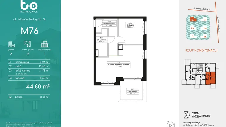 Rzut - Mieszkanie na sprzedaż 2 pokoje o powierzchni 44,8 m² - numer M76 w No To Naramowice