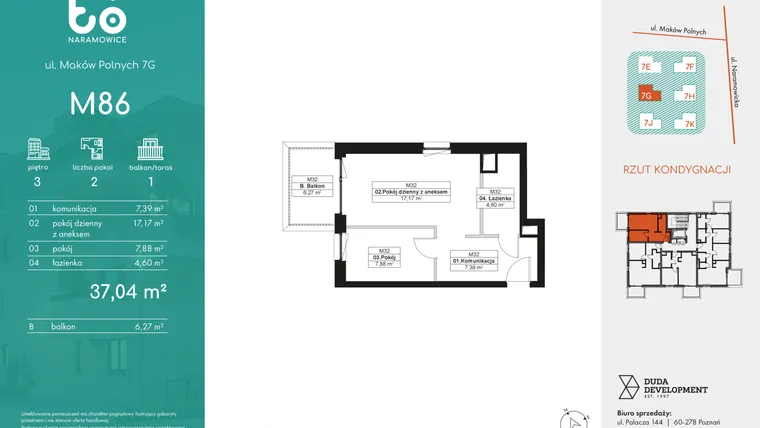 Rzut - Mieszkanie na sprzedaż 2 pokoje o powierzchni 37,04 m² - numer M86 w No To Naramowice
