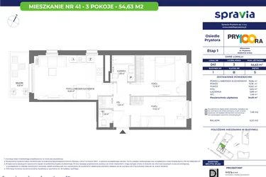 Rzut - Mieszkanie na sprzedaż 3 pokoje o powierzchni 54,71 m² - numer 41 w Osiedle Prystora