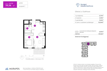 Rzut - Mieszkanie na sprzedaż 1 pokój o powierzchni 39,45 m² - numer 1.A.0.16 w Murapol Osiedle Szafirove II