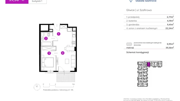Rzut - Mieszkanie na sprzedaż 1 pokój o powierzchni 39,45 m² - numer 1.A.0.16 w Murapol Osiedle Szafirove II