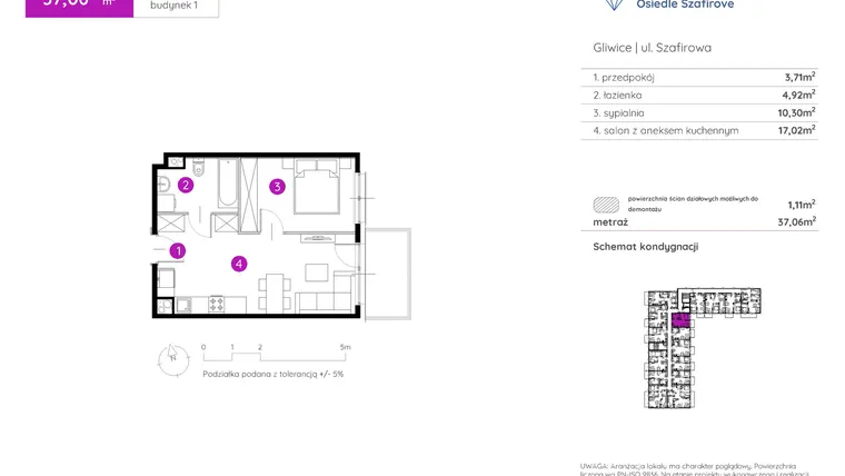 Rzut - Mieszkanie na sprzedaż 2 pokoje o powierzchni 37,06 m² - numer 1.A.1.01 w Murapol Osiedle Szafirove II