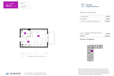 Rzut - Mieszkanie na sprzedaż 1 pokój o powierzchni 30,52 m² - numer 1.A.1.02 w Murapol Osiedle Szafirove II