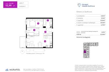 Rzut - Mieszkanie na sprzedaż 3 pokoje o powierzchni 52,99 m² - numer 1.A.1.09 w Murapol Osiedle Szafirove II