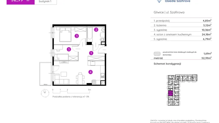 Rzut - Mieszkanie na sprzedaż 3 pokoje o powierzchni 52,99 m² - numer 1.A.1.09 w Murapol Osiedle Szafirove II
