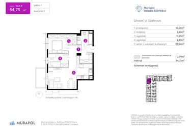 Rzut - Mieszkanie na sprzedaż 3 pokoje o powierzchni 54,73 m² - numer 1.A.1.11 w Murapol Osiedle Szafirove II