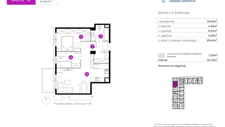 Rzut - Mieszkanie na sprzedaż 3 pokoje o powierzchni 54,73 m² - numer 1.A.1.11 w Murapol Osiedle Szafirove II