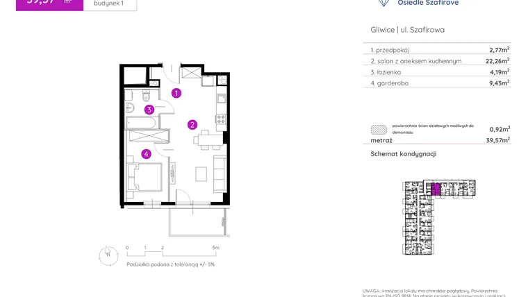 Rzut - Mieszkanie na sprzedaż 1 pokój o powierzchni 39,45 m² - numer 1.A.1.16 w Murapol Osiedle Szafirove II