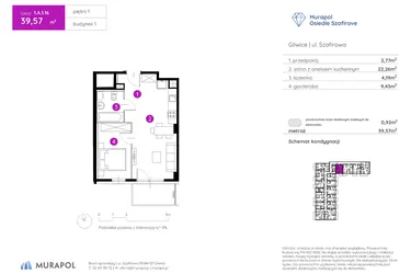 Rzut - Mieszkanie na sprzedaż 1 pokój o powierzchni 39,45 m² - numer 1.A.1.16 w Murapol Osiedle Szafirove II