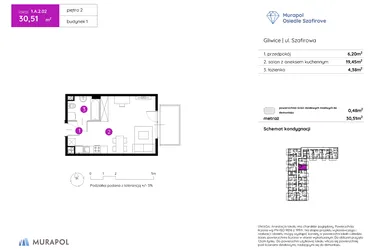 Rzut - Mieszkanie na sprzedaż 1 pokój o powierzchni 30,51 m² - numer 1.A.2.02 w Murapol Osiedle Szafirove II