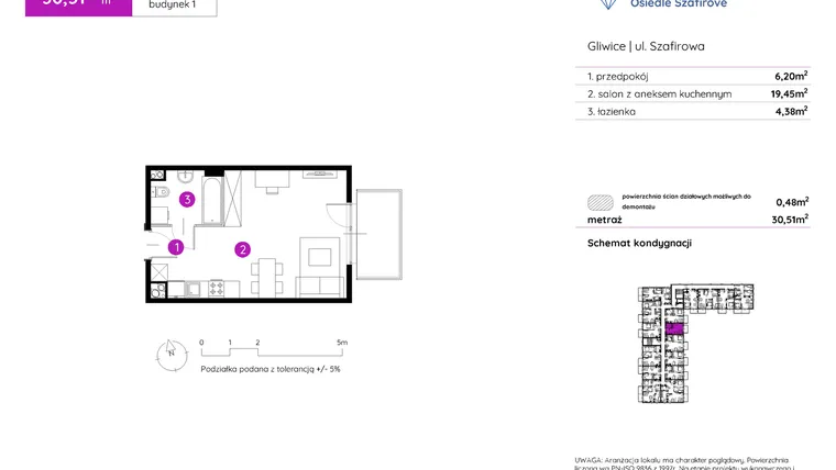 Rzut - Mieszkanie na sprzedaż 1 pokój o powierzchni 30,51 m² - numer 1.A.2.02 w Murapol Osiedle Szafirove II