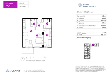 Rzut - Mieszkanie na sprzedaż 3 pokoje o powierzchni 56,41 m² - numer 1.A.2.15 w Murapol Osiedle Szafirove II