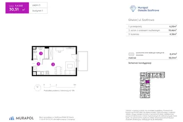 Rzut - Mieszkanie na sprzedaż 1 pokój o powierzchni 30,51 m² - numer 1.A.3.02 w Murapol Osiedle Szafirove II