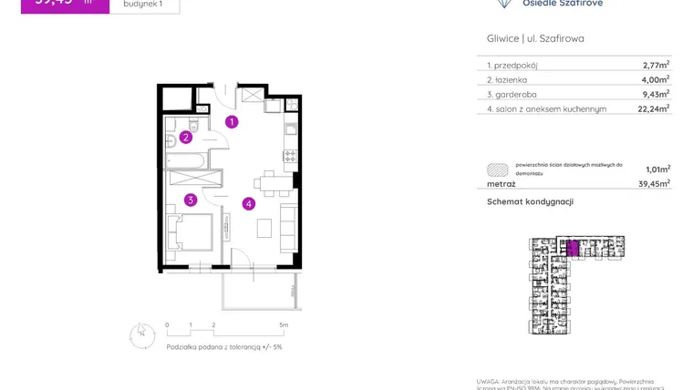 Rzut - Mieszkanie na sprzedaż 1 pokój o powierzchni 39,45 m² - numer 1.A.3.16 w Murapol Osiedle Szafirove II