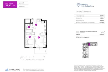 Rzut - Mieszkanie na sprzedaż 1 pokój o powierzchni 39,45 m² - numer 1.A.3.16 w Murapol Osiedle Szafirove II
