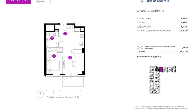 Rzut - Mieszkanie na sprzedaż 1 pokój o powierzchni 39,45 m² - numer 1.A.4.16 w Murapol Osiedle Szafirove II