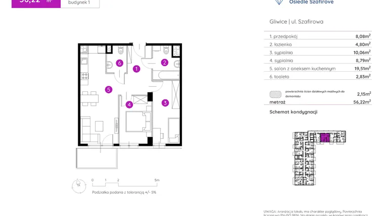 Rzut - Mieszkanie na sprzedaż 3 pokoje o powierzchni 56,22 m² - numer 1.A.5.15 w Murapol Osiedle Szafirove II