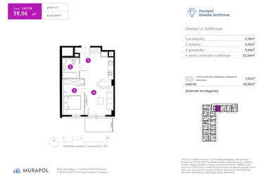 Rzut - Mieszkanie na sprzedaż 1 pokój o powierzchni 39,38 m² - numer 1.A.5.16 w Murapol Osiedle Szafirove II