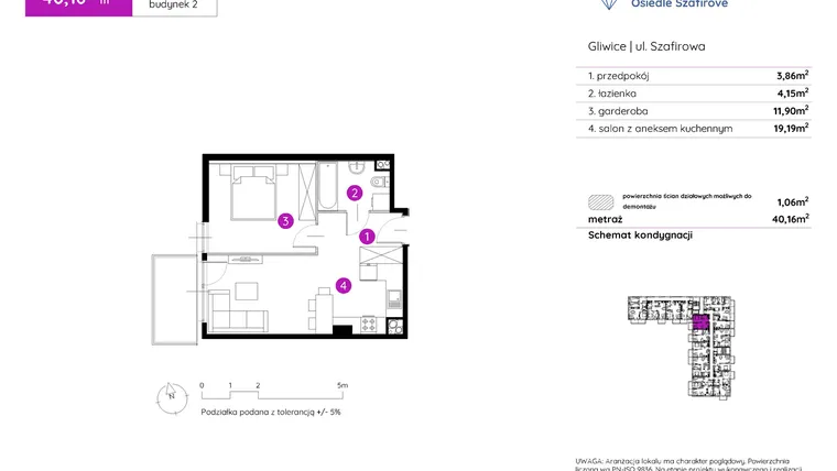 Rzut - Mieszkanie na sprzedaż 1 pokój o powierzchni 40,16 m² - numer 2.A.1.10 w Murapol Osiedle Szafirove II