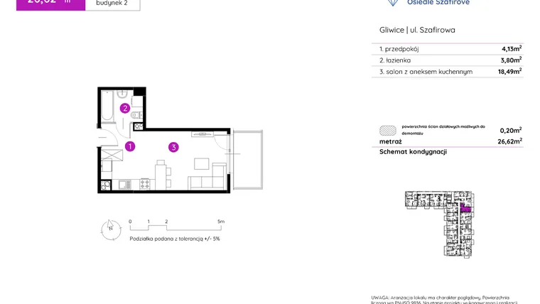 Rzut - Mieszkanie na sprzedaż 1 pokój o powierzchni 26,62 m² - numer 2.A.2.02 w Murapol Osiedle Szafirove II