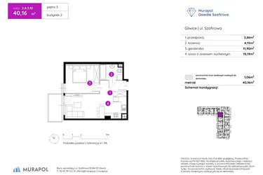 Rzut - Mieszkanie na sprzedaż 1 pokój o powierzchni 40,16 m² - numer 2.A.3.10 w Murapol Osiedle Szafirove II