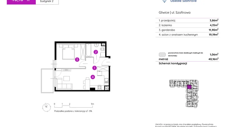 Rzut - Mieszkanie na sprzedaż 1 pokój o powierzchni 40,16 m² - numer 2.A.3.10 w Murapol Osiedle Szafirove II