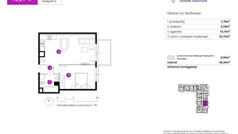 Rzut - Mieszkanie na sprzedaż 2 pokoje o powierzchni 46,24 m² - numer 2.A.5.04 w Murapol Osiedle Szafirove II