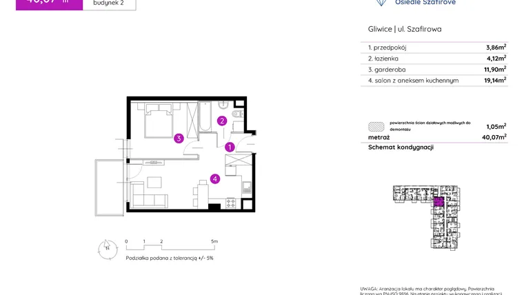 Rzut - Mieszkanie na sprzedaż 1 pokój o powierzchni 40,07 m² - numer 2.A.5.10 w Murapol Osiedle Szafirove II
