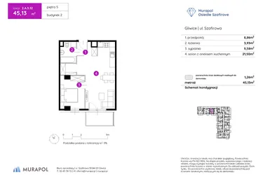 Rzut - Mieszkanie na sprzedaż 2 pokoje o powierzchni 45,13 m² - numer 2.A.5.12 w Murapol Osiedle Szafirove II