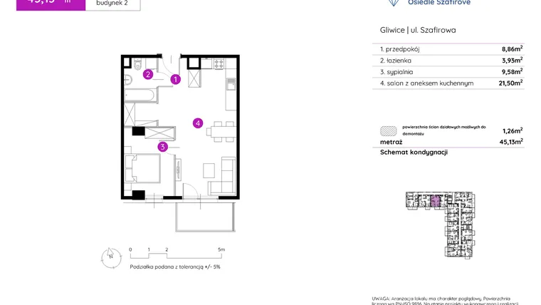 Rzut - Mieszkanie na sprzedaż 2 pokoje o powierzchni 45,13 m² - numer 2.A.5.12 w Murapol Osiedle Szafirove II