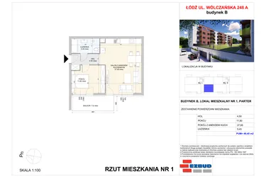 Rzut - Mieszkanie na sprzedaż 2 pokoje o powierzchni 49,4 m² - numer B.1 w Wólczańska 248 - etap II