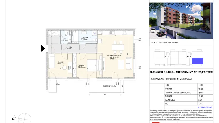 Rzut - Mieszkanie na sprzedaż 3 pokoje o powierzchni 69,58 m² - numer B.25 w Wólczańska 248 - etap II