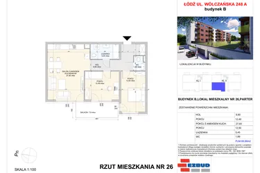 Rzut - Mieszkanie na sprzedaż 3 pokoje o powierzchni 69,88 m² - numer B.26 w Wólczańska 248 - etap II