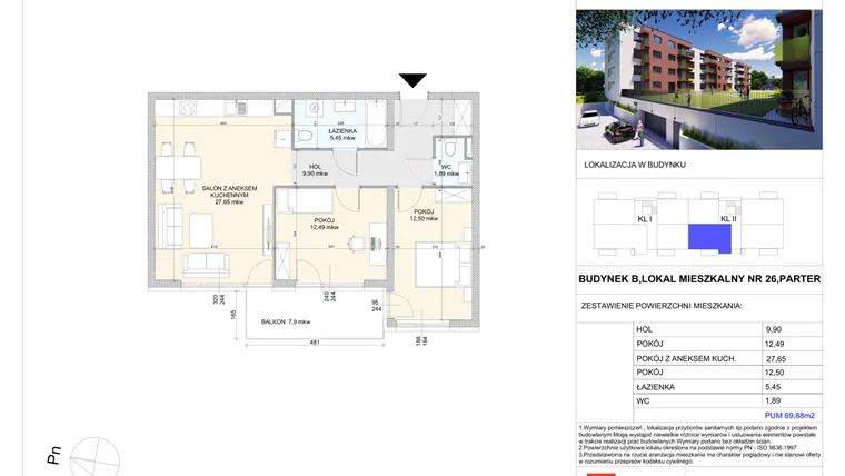 Rzut - Mieszkanie na sprzedaż 3 pokoje o powierzchni 69,88 m² - numer B.26 w Wólczańska 248 - etap II