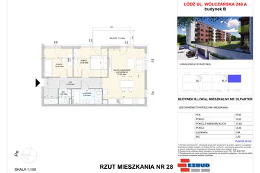 Rzut - Mieszkanie na sprzedaż 3 pokoje o powierzchni 69,38 m² - numer B.28 w Wólczańska 248 - etap II