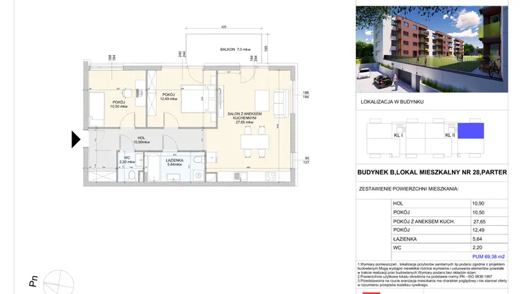Rzut - Mieszkanie na sprzedaż 3 pokoje o powierzchni 69,38 m² - numer B.28 w Wólczańska 248 - etap II