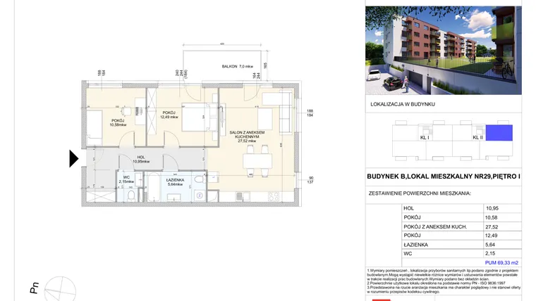 Rzut - Mieszkanie na sprzedaż 3 pokoje o powierzchni 69,33 m² - numer B.29 w Wólczańska 248 - etap II