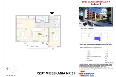 Rzut - Mieszkanie na sprzedaż 3 pokoje o powierzchni 69,93 m² - numer B.31 w Wólczańska 248 - etap II