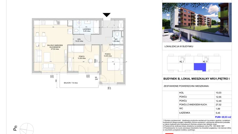 Rzut - Mieszkanie na sprzedaż 3 pokoje o powierzchni 69,93 m² - numer B.31 w Wólczańska 248 - etap II