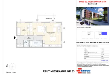 Rzut - Mieszkanie na sprzedaż 3 pokoje o powierzchni 69,16 m² - numer B.33 w Wólczańska 248 - etap II