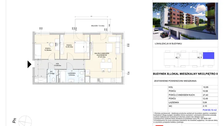 Rzut - Mieszkanie na sprzedaż 3 pokoje o powierzchni 69,16 m² - numer B.33 w Wólczańska 248 - etap II