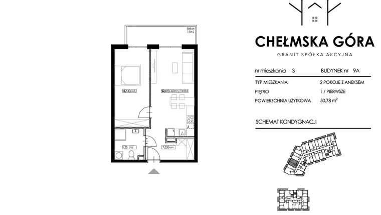 Rzut - Mieszkanie na sprzedaż 2 pokoje o powierzchni 50,78 m² - numer C-9A-M3 w Chełmska Góra