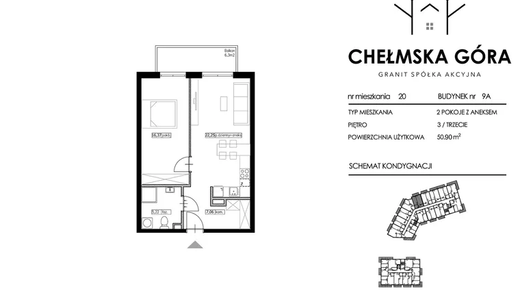 Rzut - Mieszkanie na sprzedaż 2 pokoje o powierzchni 50,9 m² - numer C-9A-M20 w Chełmska Góra