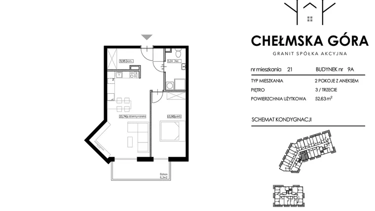 Rzut - Mieszkanie na sprzedaż 2 pokoje o powierzchni 52,63 m² - numer C-9A-M21 w Chełmska Góra