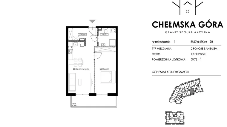 Rzut - Mieszkanie na sprzedaż 2 pokoje o powierzchni 50,73 m² - numer C-9B-M1 w Chełmska Góra