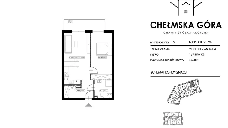 Rzut - Mieszkanie na sprzedaż 2 pokoje o powierzchni 50,58 m² - numer C-9B-M5 w Chełmska Góra